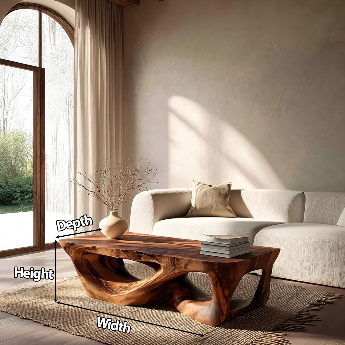 Sculpted Natural Solid Wood Coffee Table with Organic Carved Base - Rustirawood