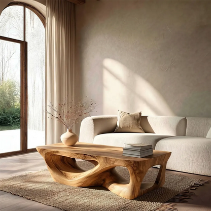 Sculpted Natural Solid Wood Coffee Table with Organic Carved Base - Rustirawood
