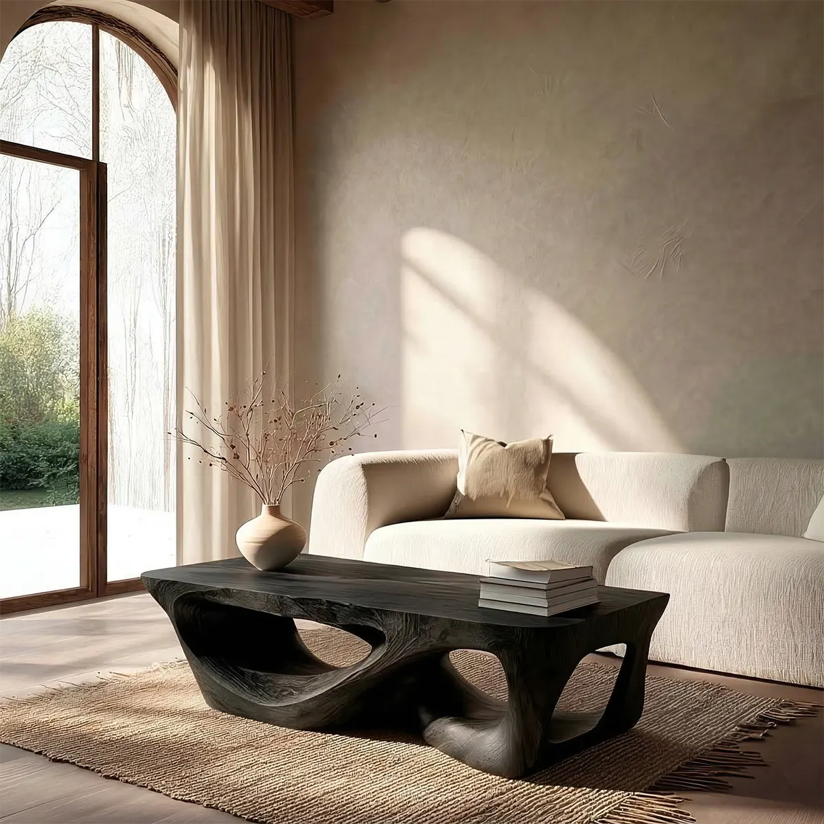 Sculpted Natural Solid Wood Coffee Table with Organic Carved Base - Rustirawood