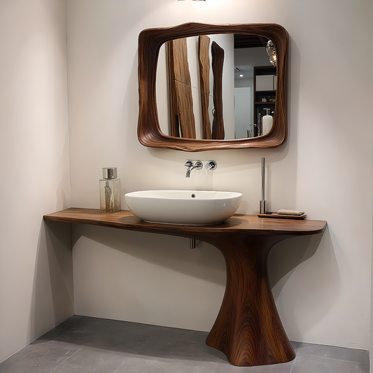Sculpted Solid Wood Bathroom Vanity With Modern Curved Base - Woodrooted