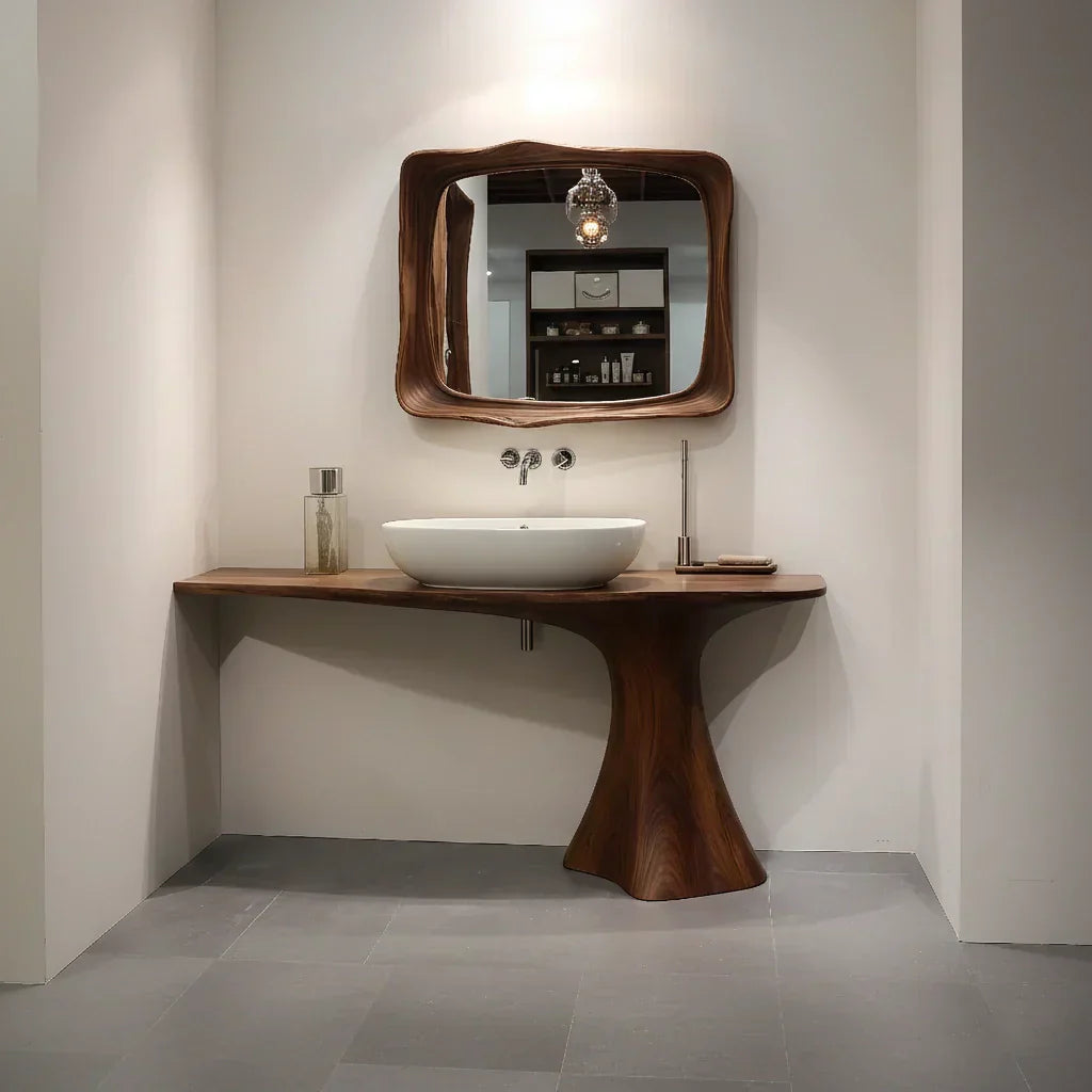 Sculpted Solid Wood Bathroom Vanity With Modern Curved Base - Rustirawood