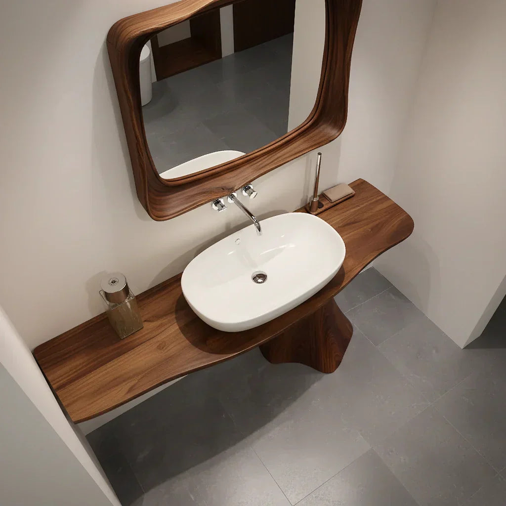 Sculpted Solid Wood Bathroom Vanity With Modern Curved Base - Rustirawood