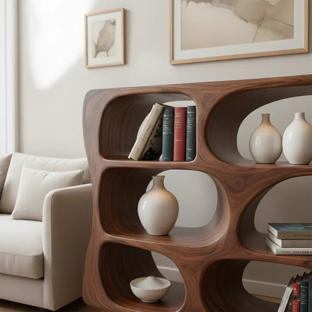 Sculpted Solid Wood Bookshelf – Contour Frame Edition - Rustirawood