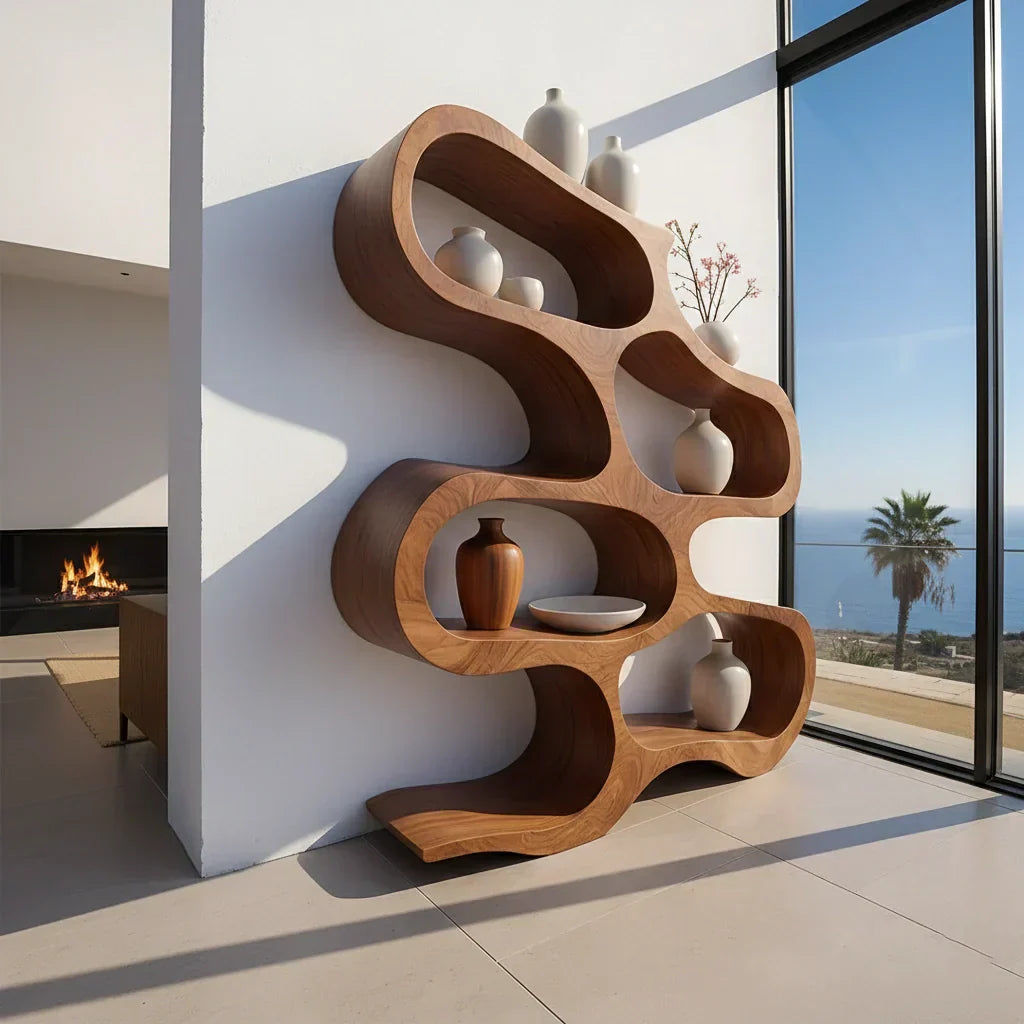 Sculpted Solid Wood Bookshelf – Flowing Wave Edition - Rustirawood
