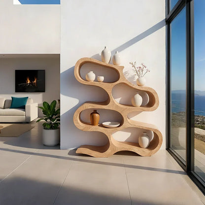 Sculpted Solid Wood Bookshelf – Flowing Wave Edition - Rustirawood