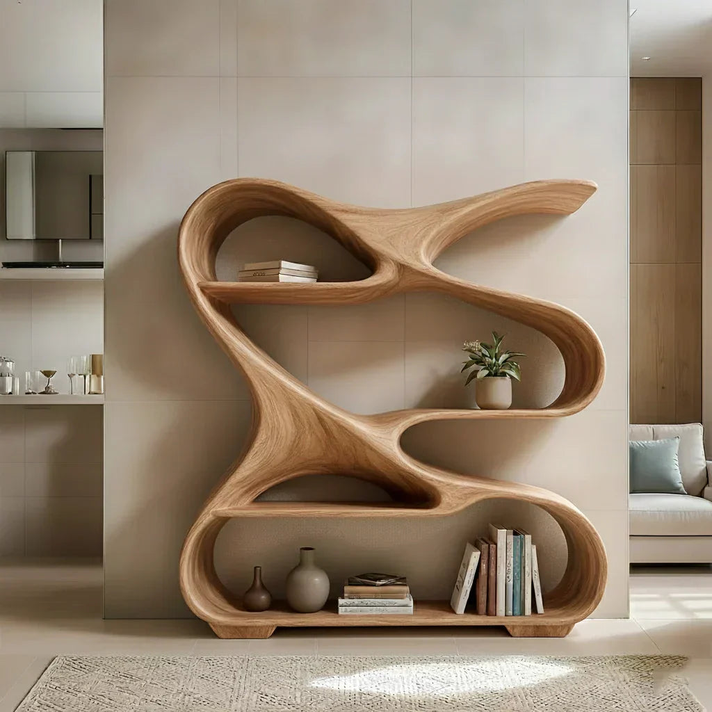 Sculpted Solid Wood Bookshelf – Rustic Flow Edition - Rustirawood