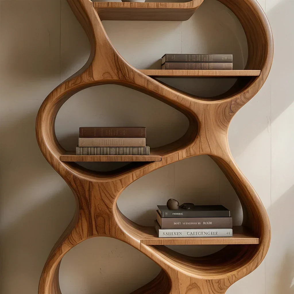 Sculpted Solid Wood Bookshelf – Vertical Organic Form - Rustirawood