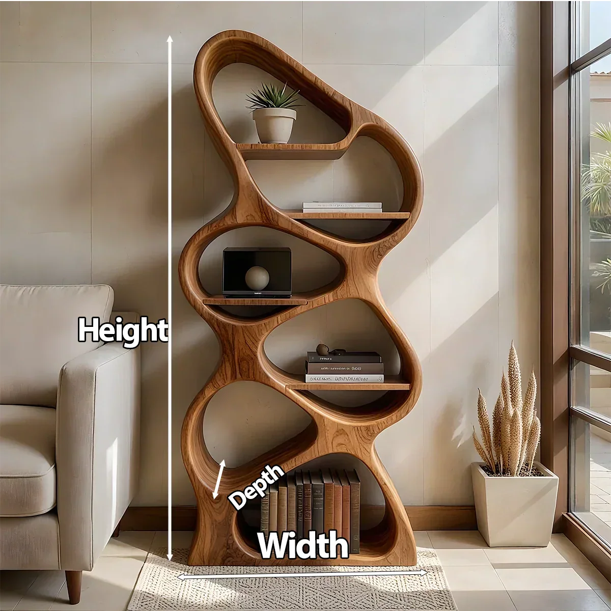 Sculpted Solid Wood Bookshelf – Vertical Organic Form - Rustirawood
