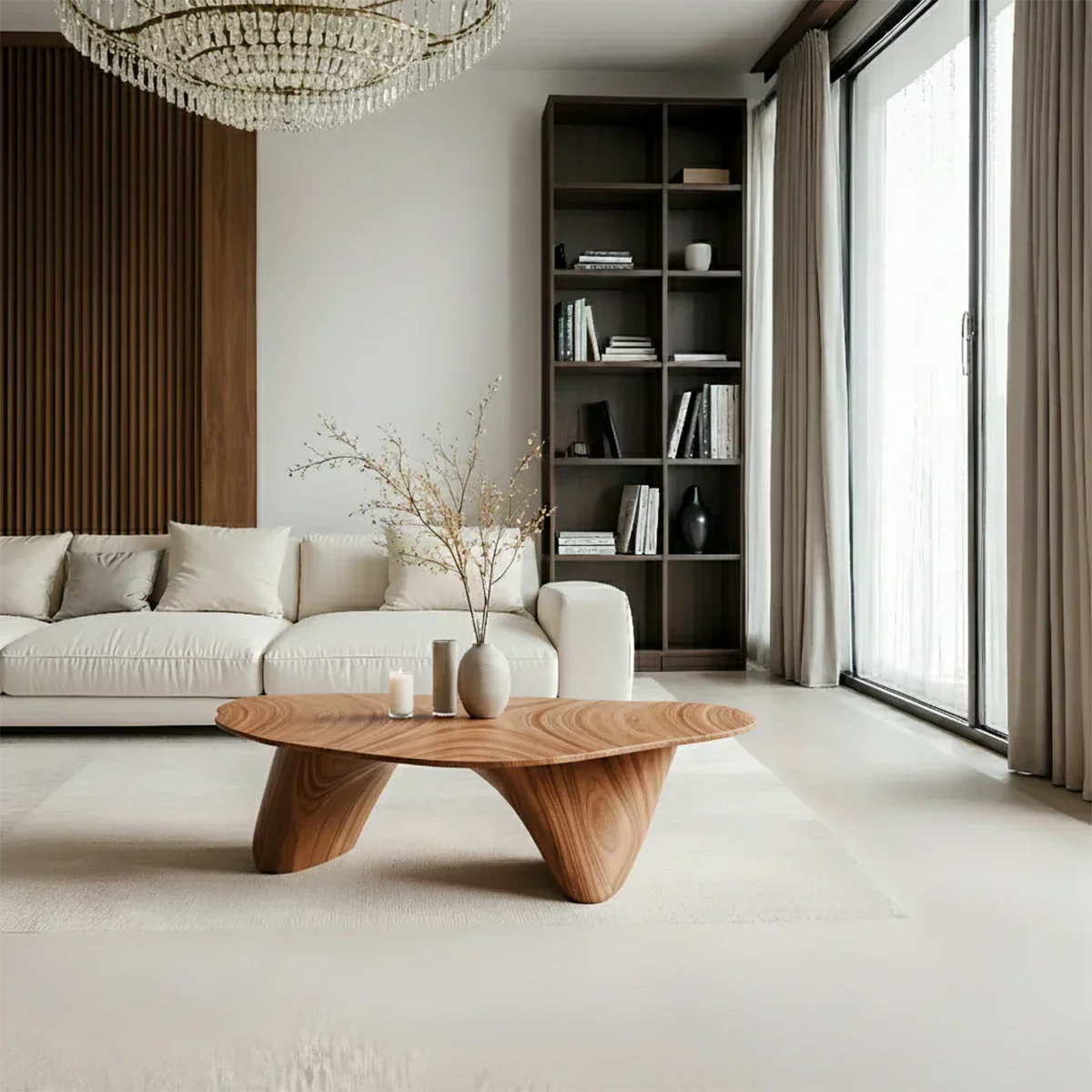 Sculpted Solid Wood Coffee Table – Soft Curved Base & Minimalist Form - Rustirawood