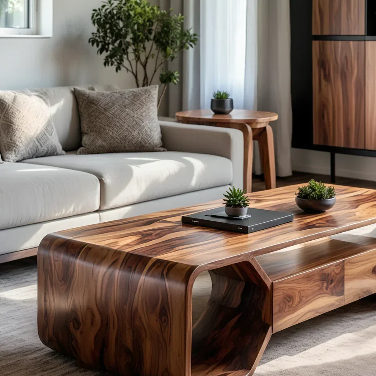 Sculpted Solid Wood Coffee Table With Storage – Modern Curved Form - Rustirawood