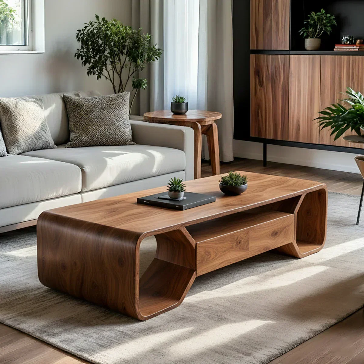 Sculpted Solid Wood Coffee Table With Storage – Modern Curved Form - Rustirawood