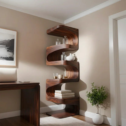 Sculpted Solid Wood Corner Bookshelf – Flow Form Edition - Rustirawood