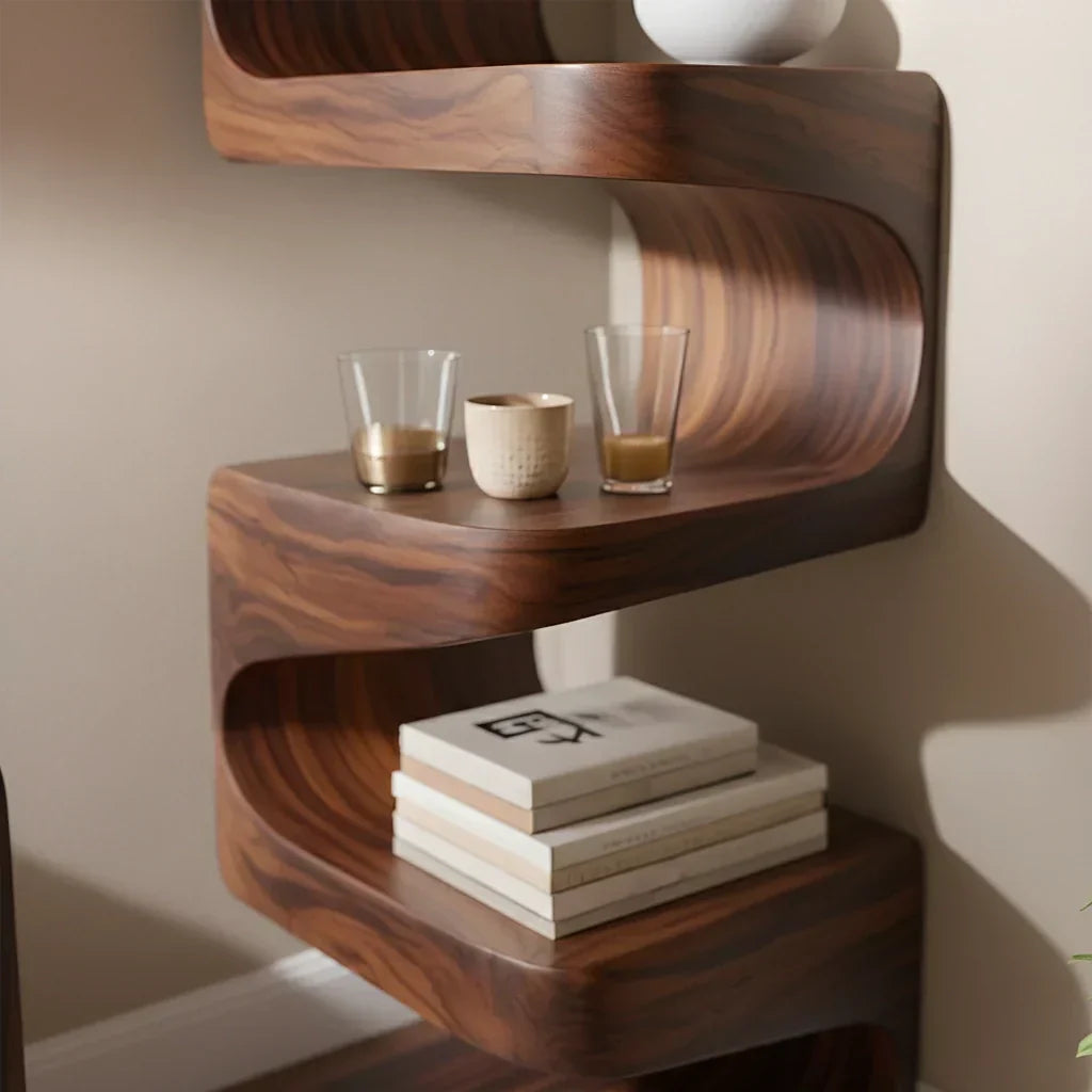 Sculpted Solid Wood Corner Bookshelf – Flow Form Edition - Rustirawood