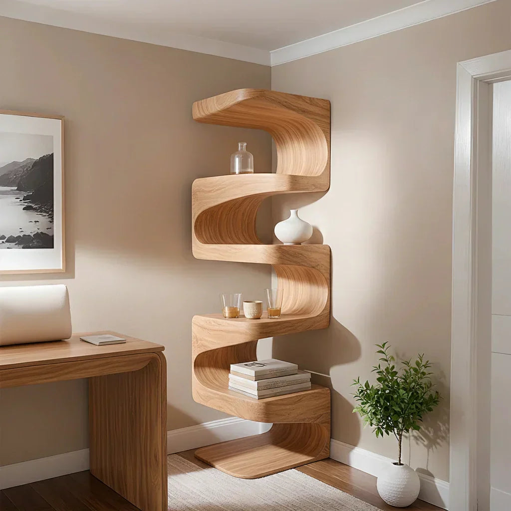 Sculpted Solid Wood Corner Bookshelf – Flow Form Edition - Rustirawood