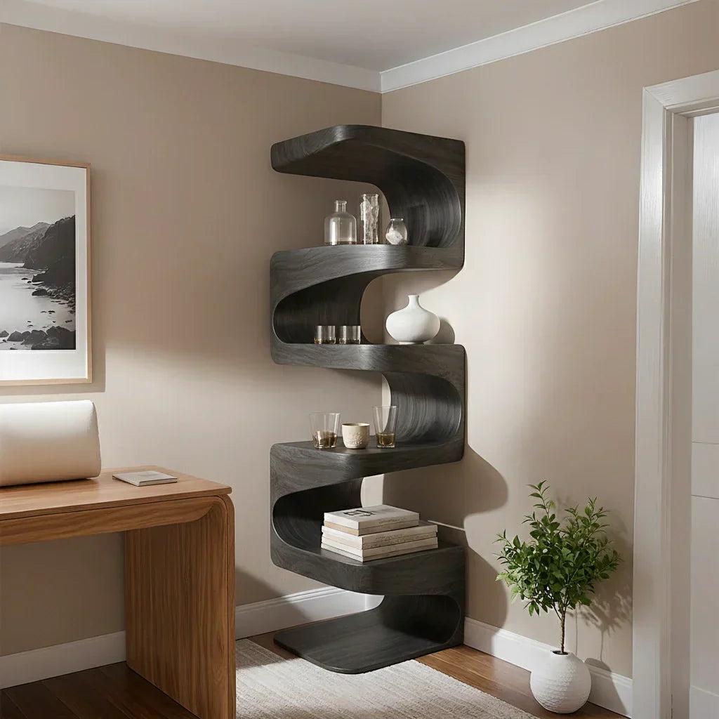 Sculpted Solid Wood Corner Bookshelf – Flow Form Edition - Rustirawood