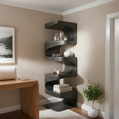 Sculpted Solid Wood Corner Bookshelf – Flow Form Edition - Rustirawood