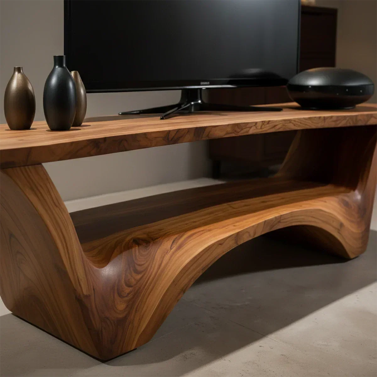 Sculpted Solid Wood TV Stand – Modern Curved Minimalist Design - Rustirawood
