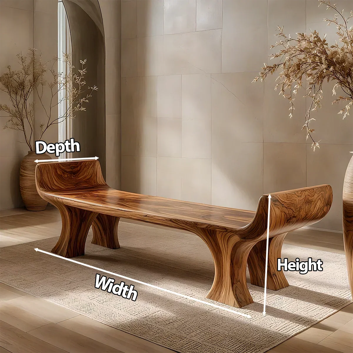Sculpted Wing-End Bench in Natural Solid Wood - Rustirawood