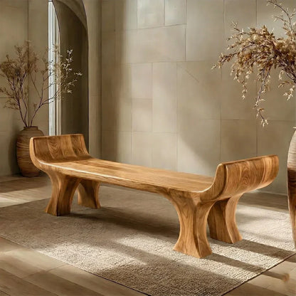 Sculpted Wing-End Bench in Natural Solid Wood - Rustirawood