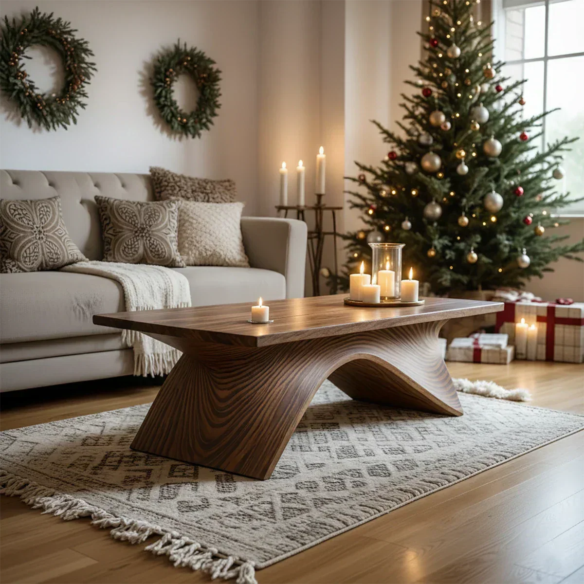 Sculptural Curved Solid Wood Coffee Table – Handcrafted Natural Finish - Rustirawood