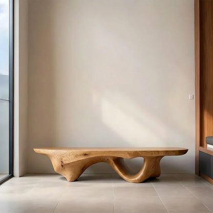 Sculptural Fluid-Form Solid Wood Bench – Modern Organic Art Piece - Rustirawood