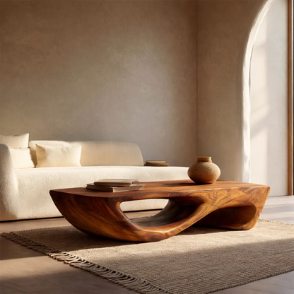 Sculptural Modern Coffee Table with Hollow Curve Base in Natural Solid Wood - Rustirawood
