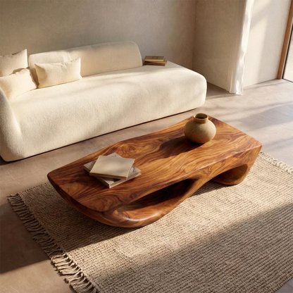 Sculptural Modern Coffee Table with Hollow Curve Base in Natural Solid Wood - Rustirawood