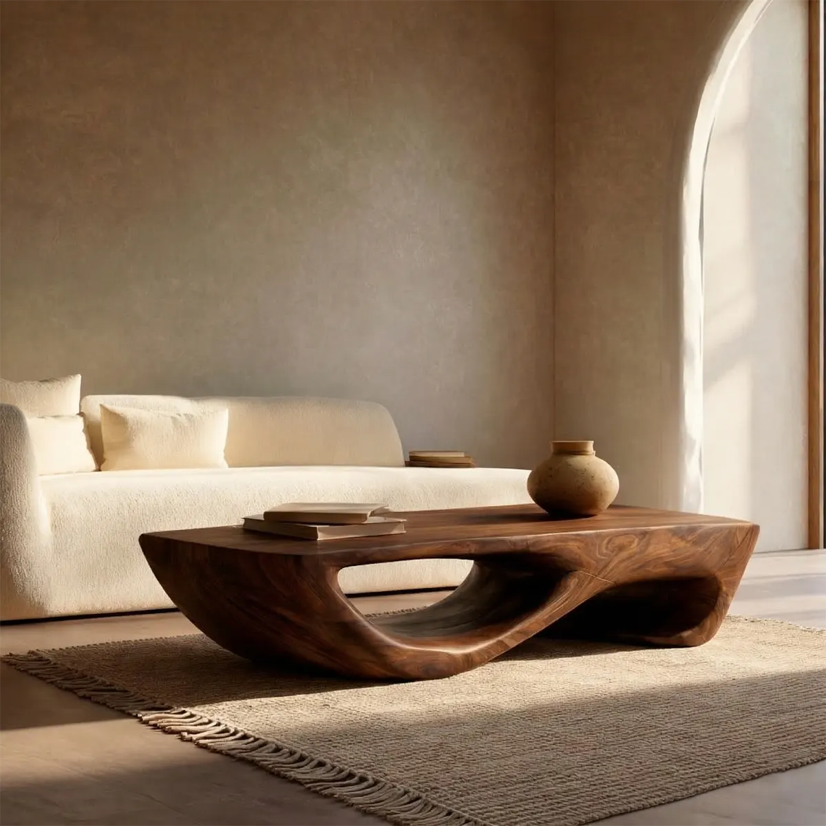 Sculptural Modern Coffee Table with Hollow Curve Base in Natural Solid Wood - Rustirawood