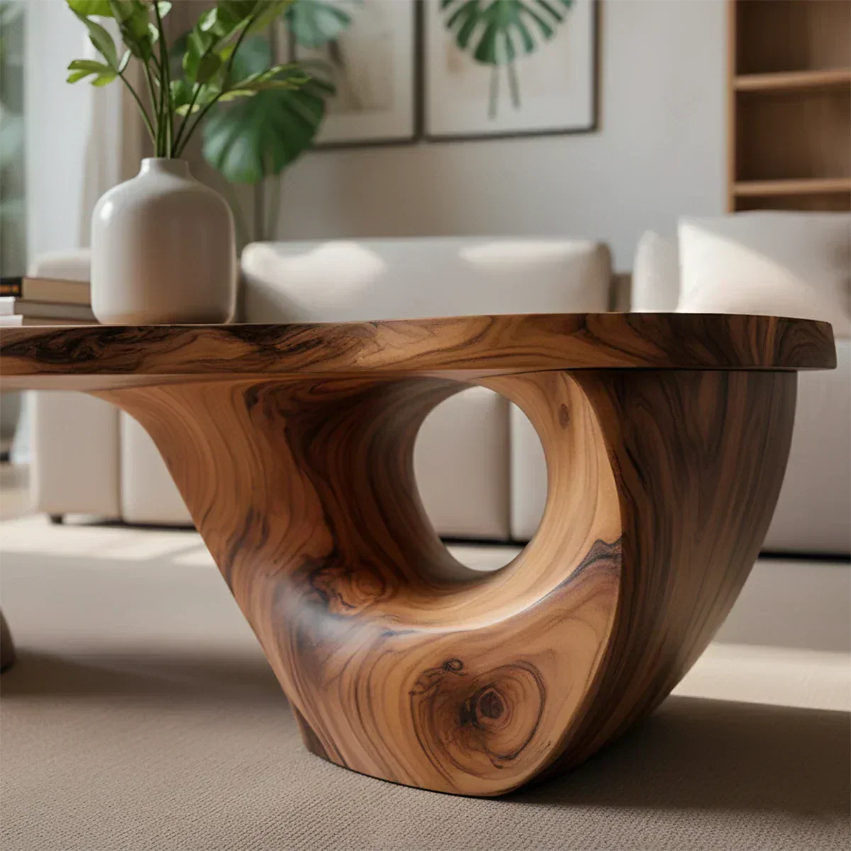 Sculptural Natural Solid Wood Coffee Table — Organic Curve Design - Rustirawood