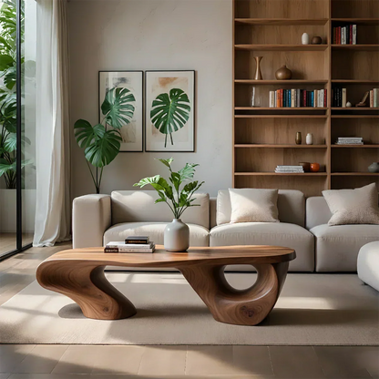Sculptural Natural Solid Wood Coffee Table — Organic Curve Design - Rustirawood
