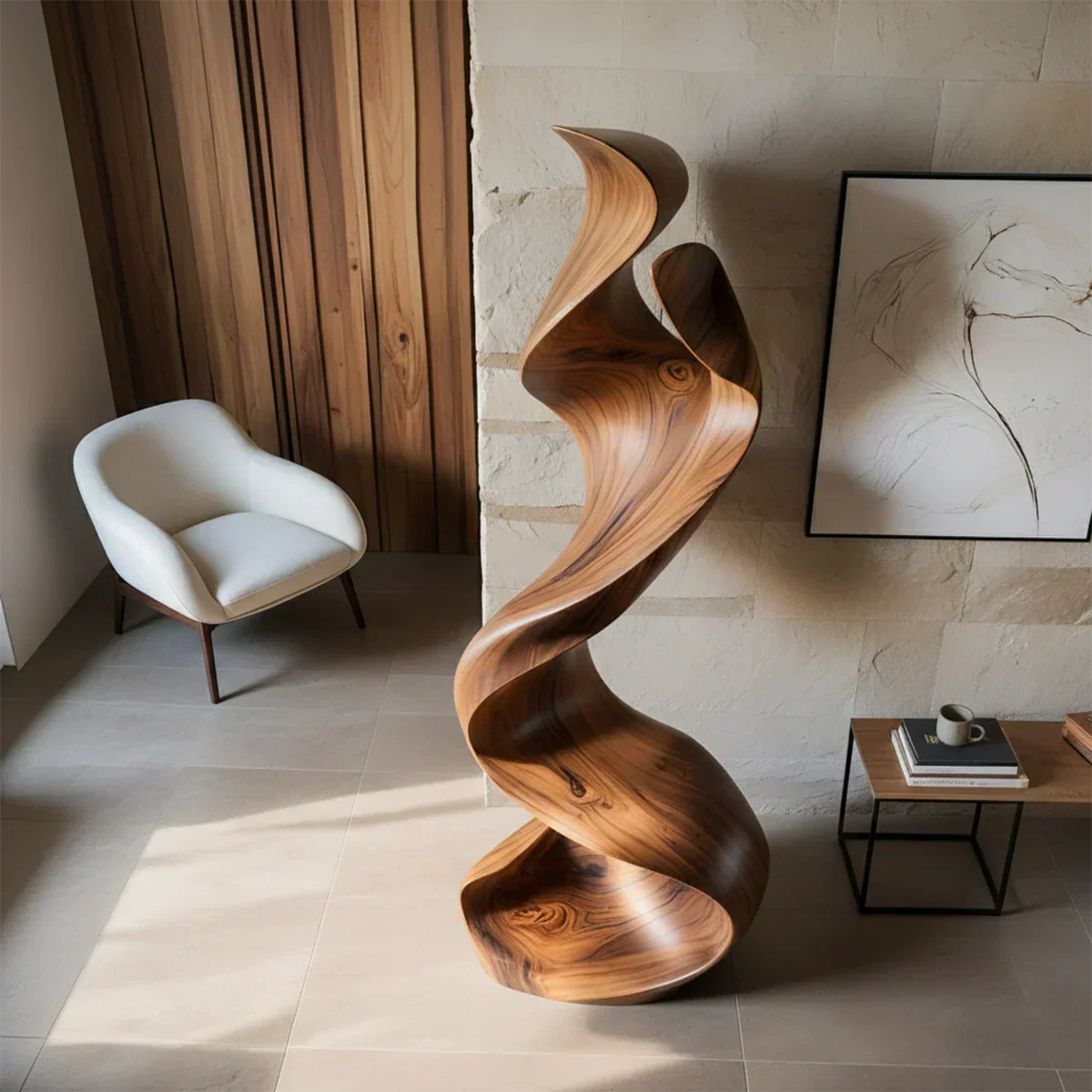 Sculptural Natural Solid Wood Floor Art — Handcarved Organic Twist Form - Rustirawood