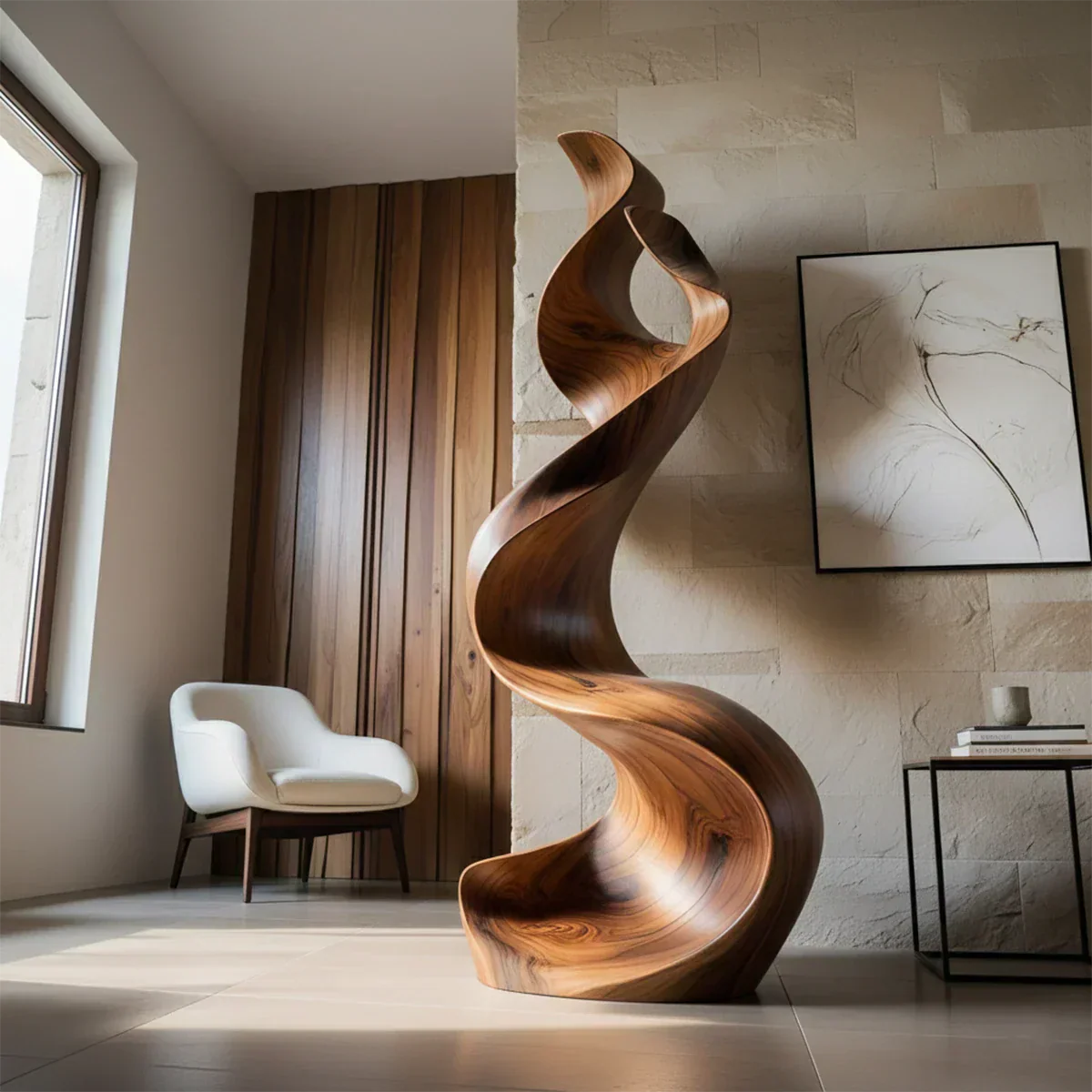 Sculptural Natural Solid Wood Floor Art — Handcarved Organic Twist Form - Rustirawood