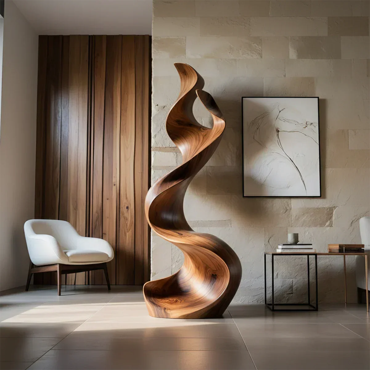 Sculptural Natural Solid Wood Floor Art — Handcarved Organic Twist Form - Rustirawood