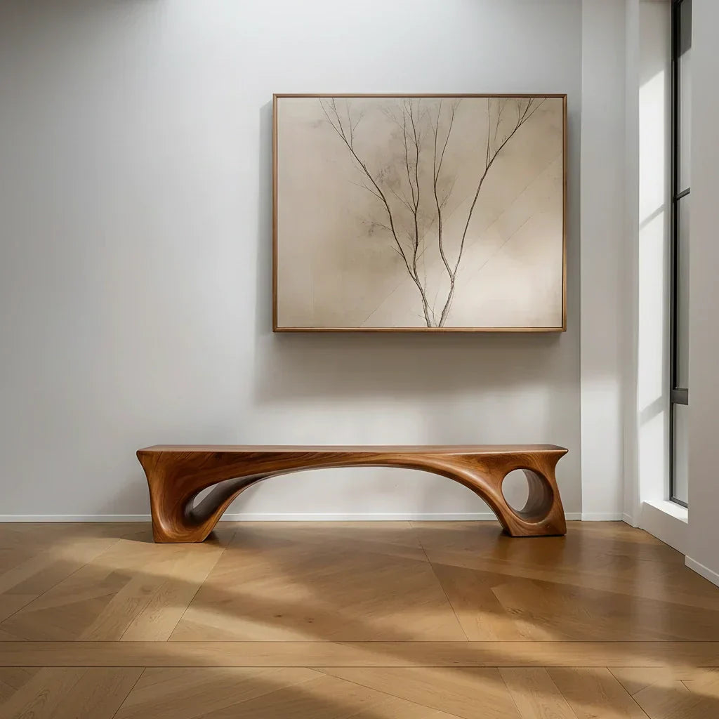 Sculptural Solid Wood Bench – Fluid Modern Form - Rustirawood
