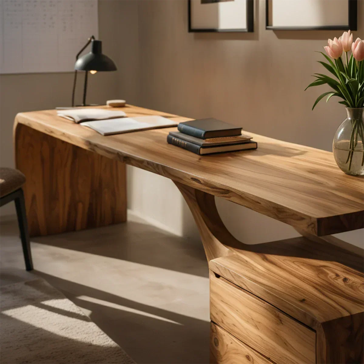 Sculptural Solid Wood Desk with Rustic Curved Base & Storage - Rustirawood