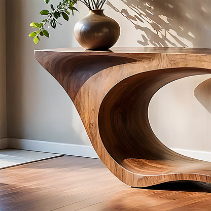 Sculptural Walnut Finish Console Table – Double Loop Wood Design - Rustirawood