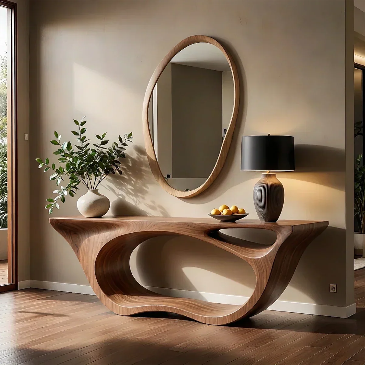 Sculptural Walnut Finish Console Table – Double Loop Wood Design - Rustirawood