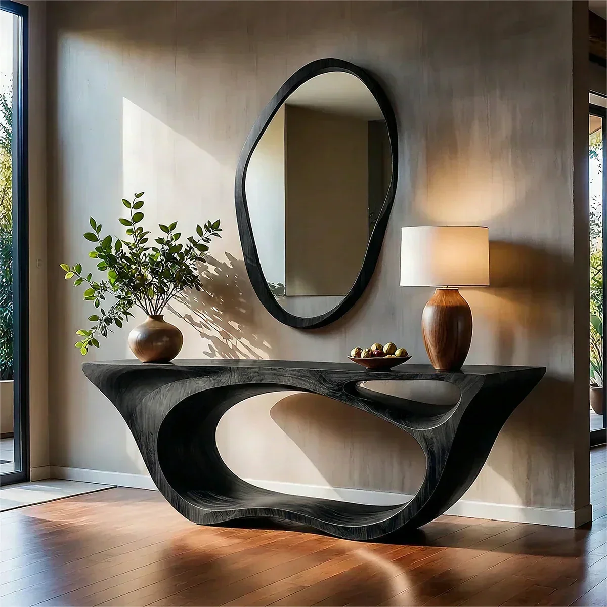 Sculptural Walnut Finish Console Table – Double Loop Wood Design - Rustirawood