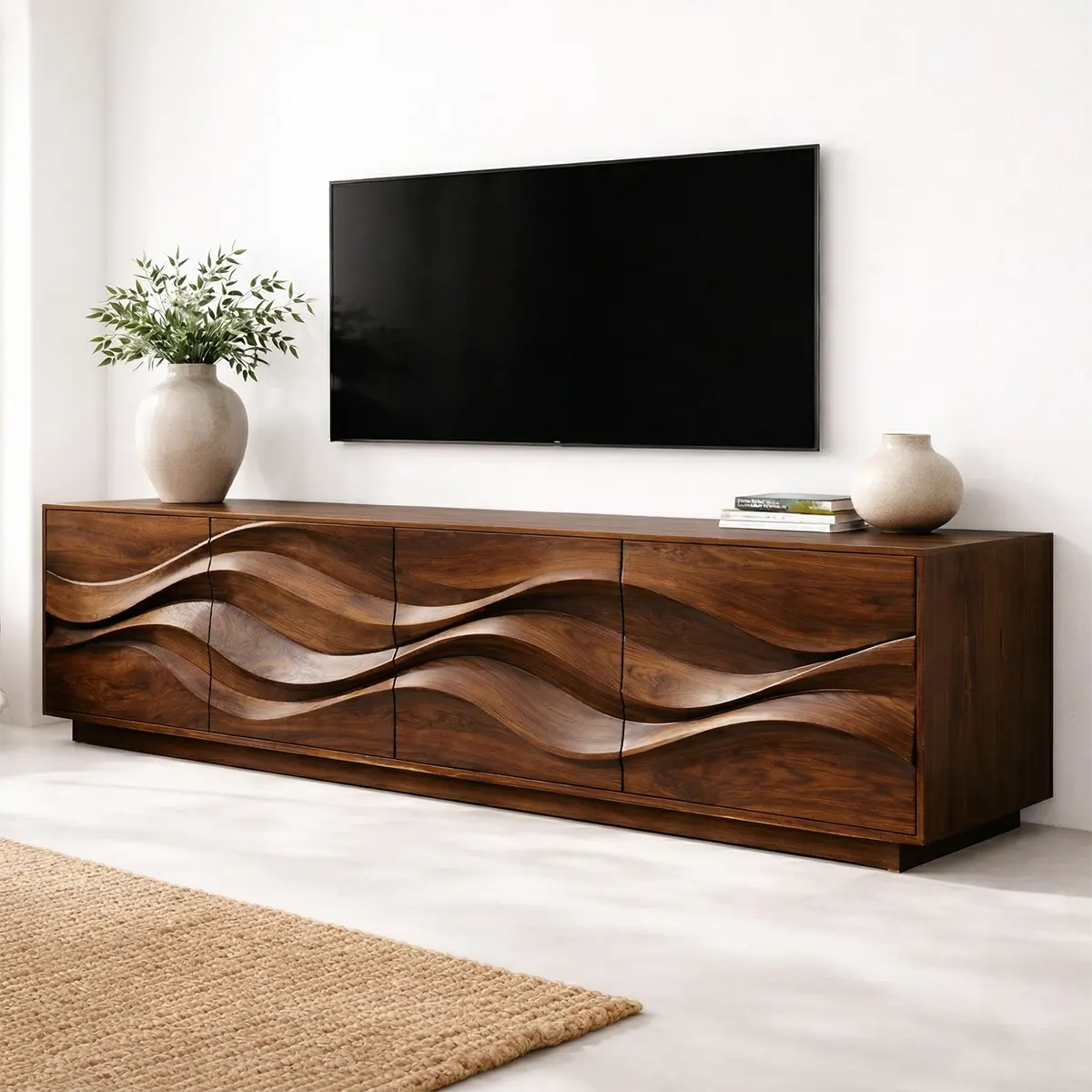 Sculptural Wave Front Solid Wood TV Stand with Storage Cabinets - Rustirawood