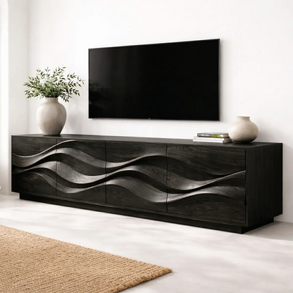Sculptural Wave Front Solid Wood TV Stand with Storage Cabinets - Rustirawood