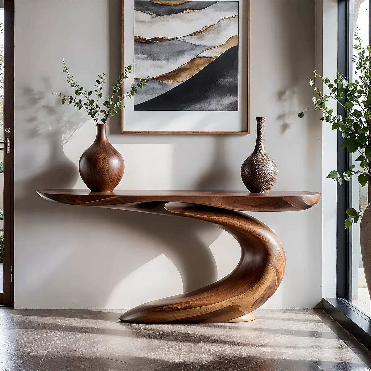 Solid Walnut Finish Wave Console Table – Modern Sculptural Design - Rustirawood