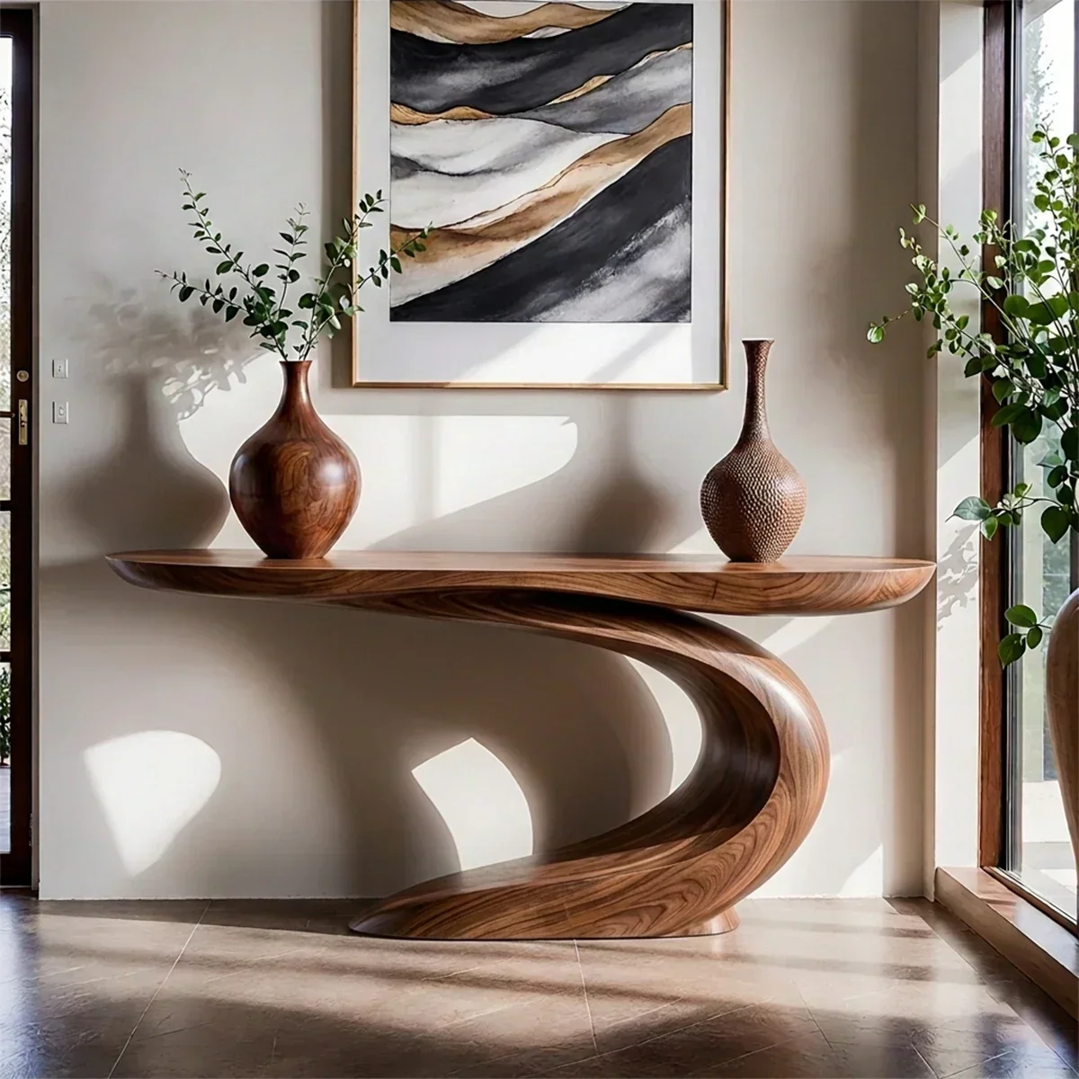 Solid Walnut Finish Wave Console Table – Modern Sculptural Design - Rustirawood