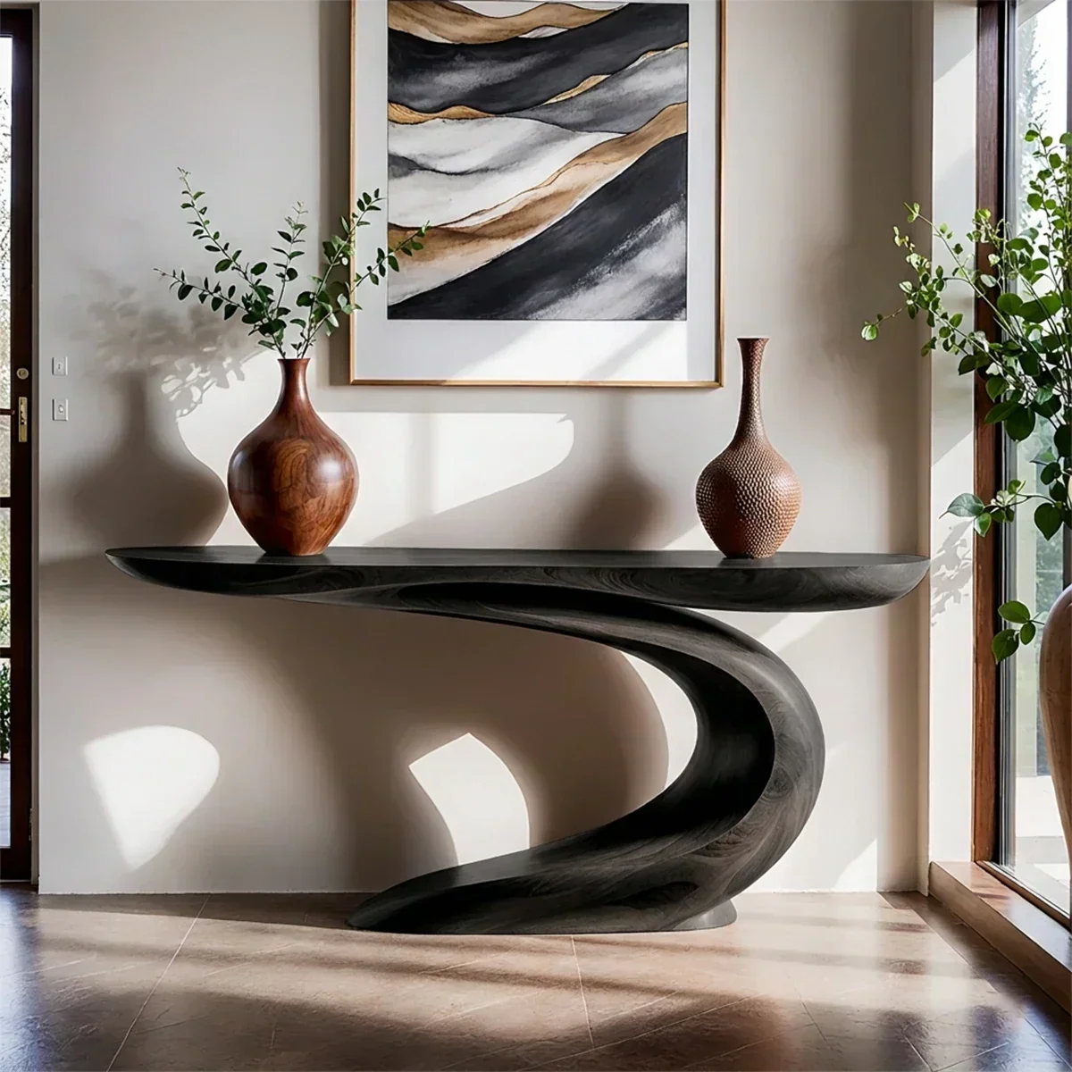 Solid Walnut Finish Wave Console Table – Modern Sculptural Design - Rustirawood
