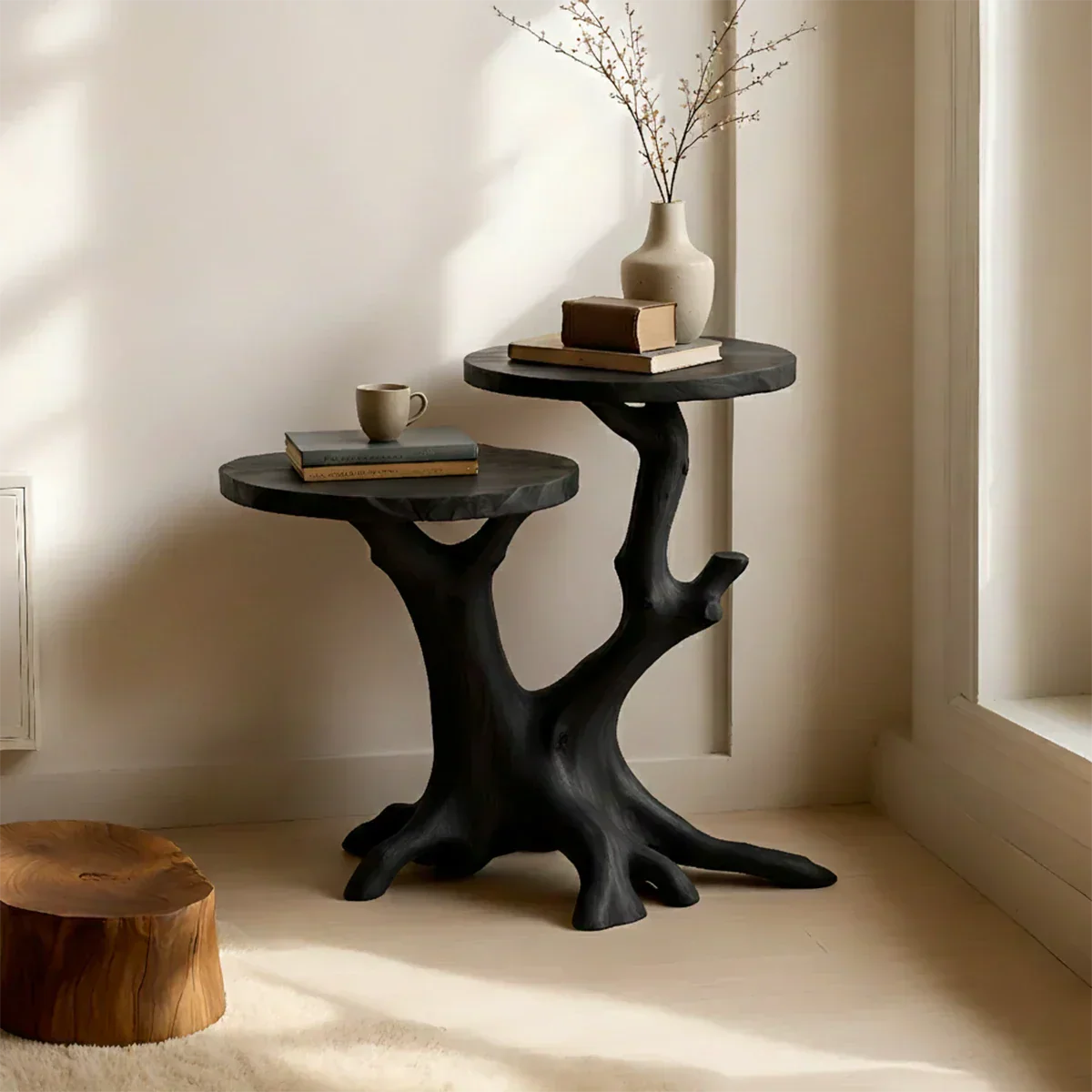 Solid Wood Accent Table – Modern Sculptural Branchform Twin Design - Rustirawood
