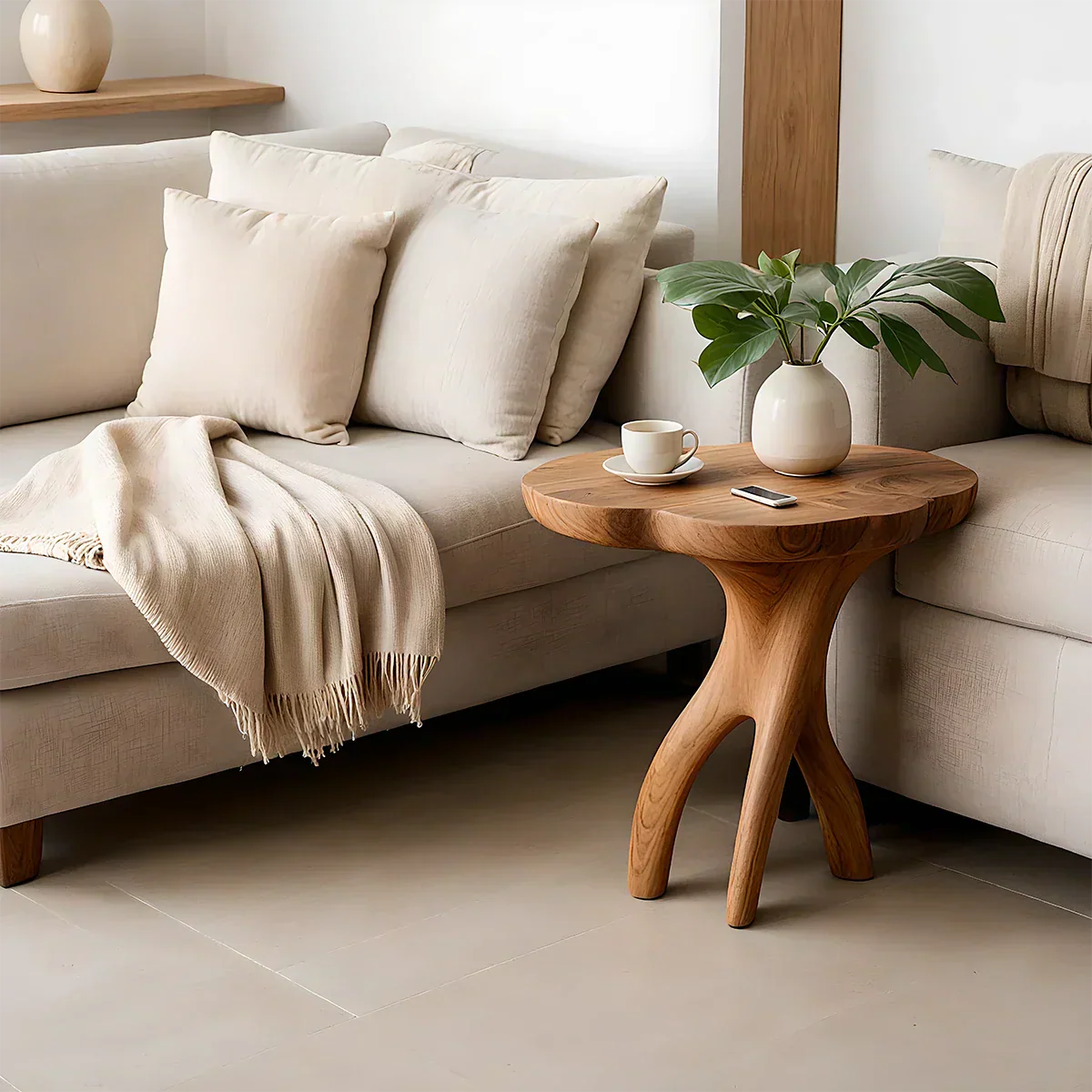 Solid Wood Accent Table – Modern Sculptural Tri-Branch Design - Rustirawood