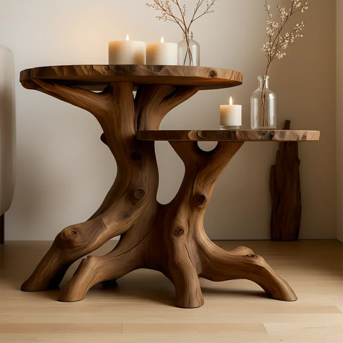 Solid Wood Accent Table Set – Modern Sculptural Rooted Branchform Design - Rustirawood