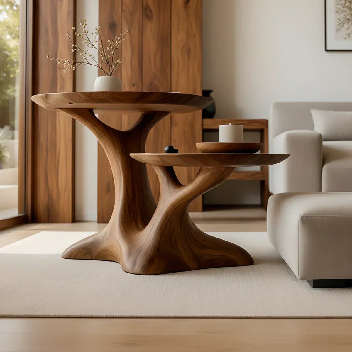 Solid Wood Center Table Set – Modern Sculptural Rooted Branchform Design - Rustirawood