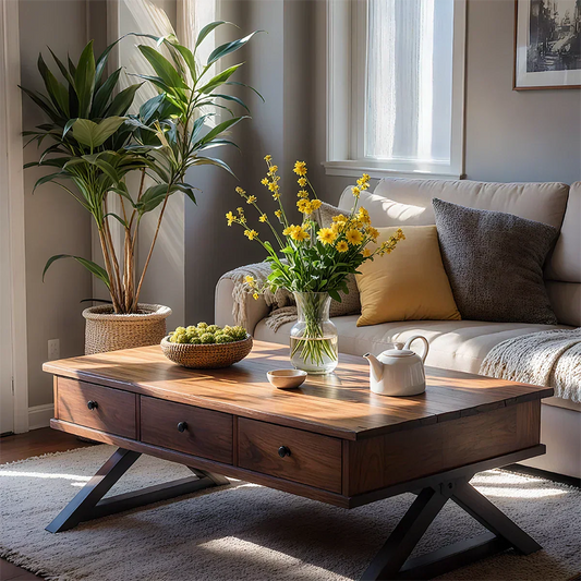 Solid Wood Coffee Table with Drawers – Minimalist Storage Coffee Table - Rustirawood