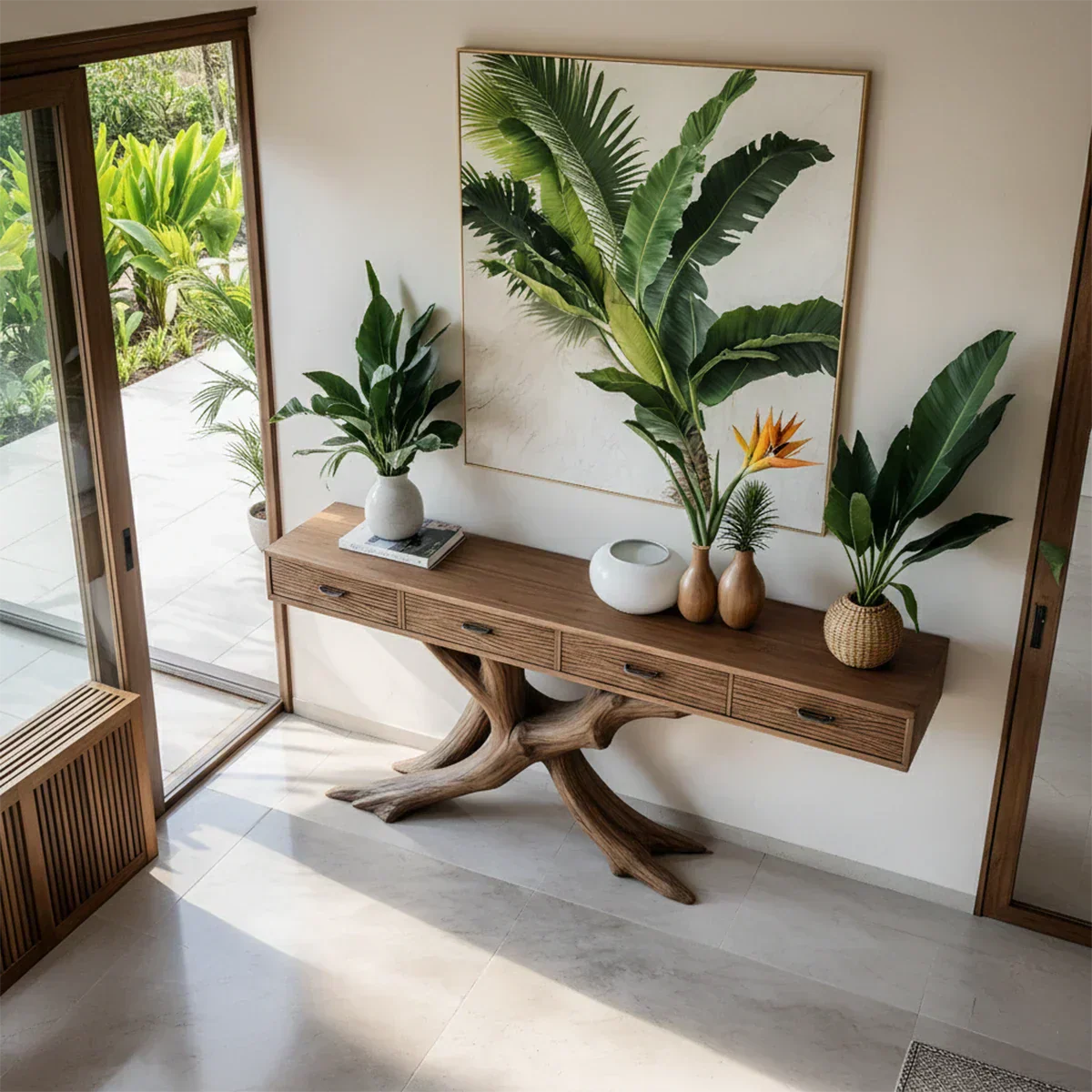 Solid Wood Console Table with Branch-Inspired Sculptural Base & Drawers - Rustirawood