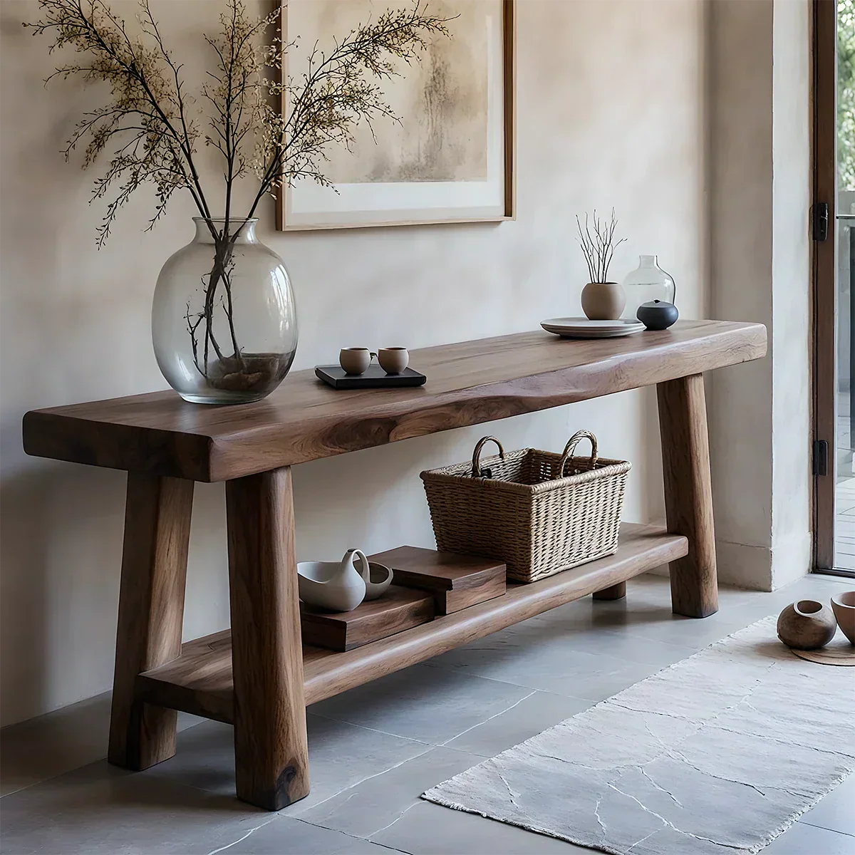 Solid Wood Console Table with Lower Shelf – Modern Natural Craft - Rustirawood